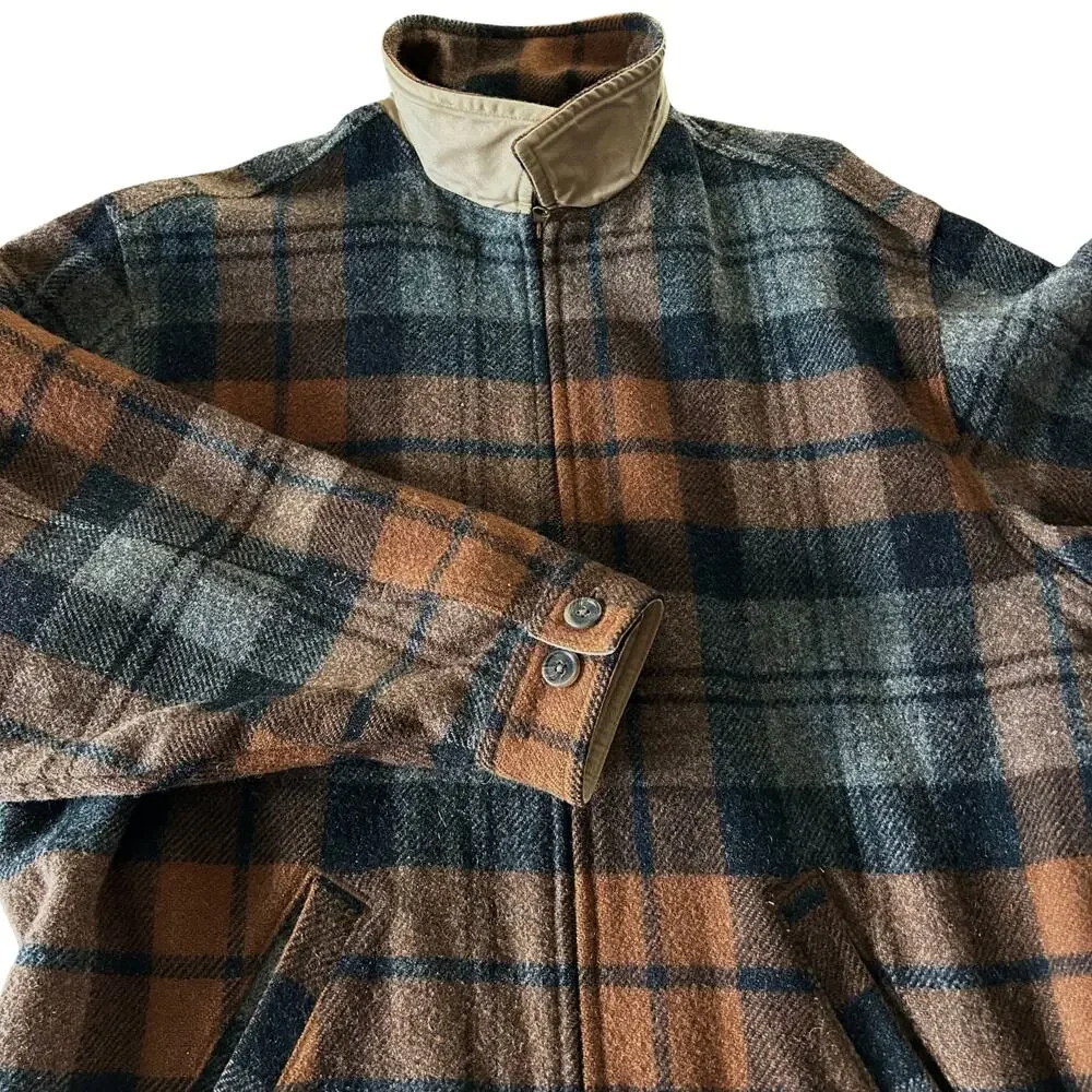 Vintage J.Crew Wool Plaid Zip Jacket Brown Gray Made in USA Mens L Unisex